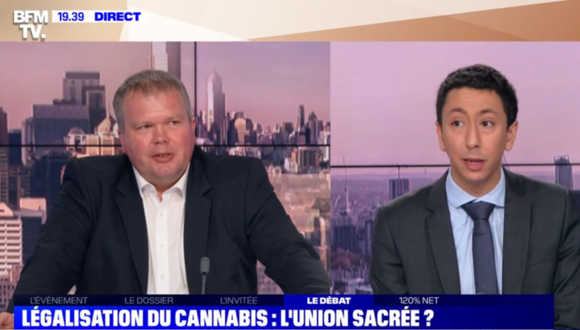 Jean-Baptiste Moreau et Othman Nasrou sur le plateau de BFM TV pour le débat sur la légalisation du cannabis récréatif